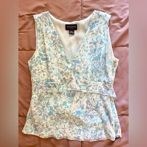 Ann Taylor petites Women's teal Blue Floral sleeveless tie back Top, Silk, sz S